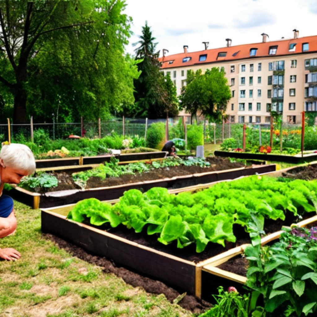 A vibrant community garden in Warsaw, Poland, with diverse residents of all ages tending to vegetable patches and flower beds. The garden is located between apartment buildings, transforming a neglected lawn into a flourishing green space. Focus on the joyful interaction and sense of community, using natural, warm lighting.