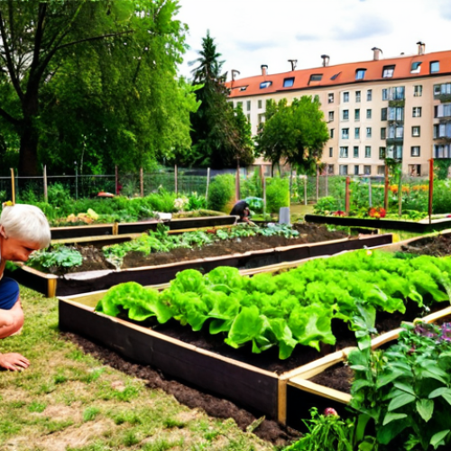 A vibrant community garden in Warsaw, Poland, with diverse residents of all ages tending to vegetable patches and flower beds. The garden is located between apartment buildings, transforming a neglected lawn into a flourishing green space. Focus on the joyful interaction and sense of community, using natural, warm lighting.